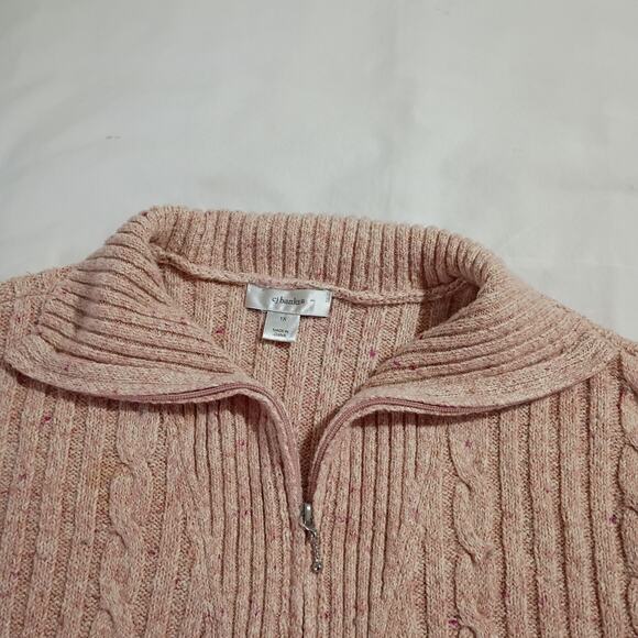 CJ Banks 1X Cable-Knit Petal-Pink Ribbed Cotton-Bend Zip-Collar Tunic Sweater - Picture 4 of 12